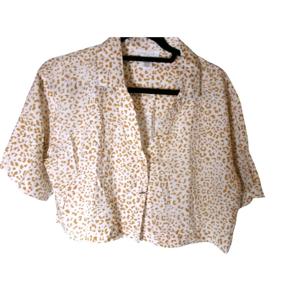 Kirious Leopard Print Linen Blend Cropped Button Front Top Women's Large